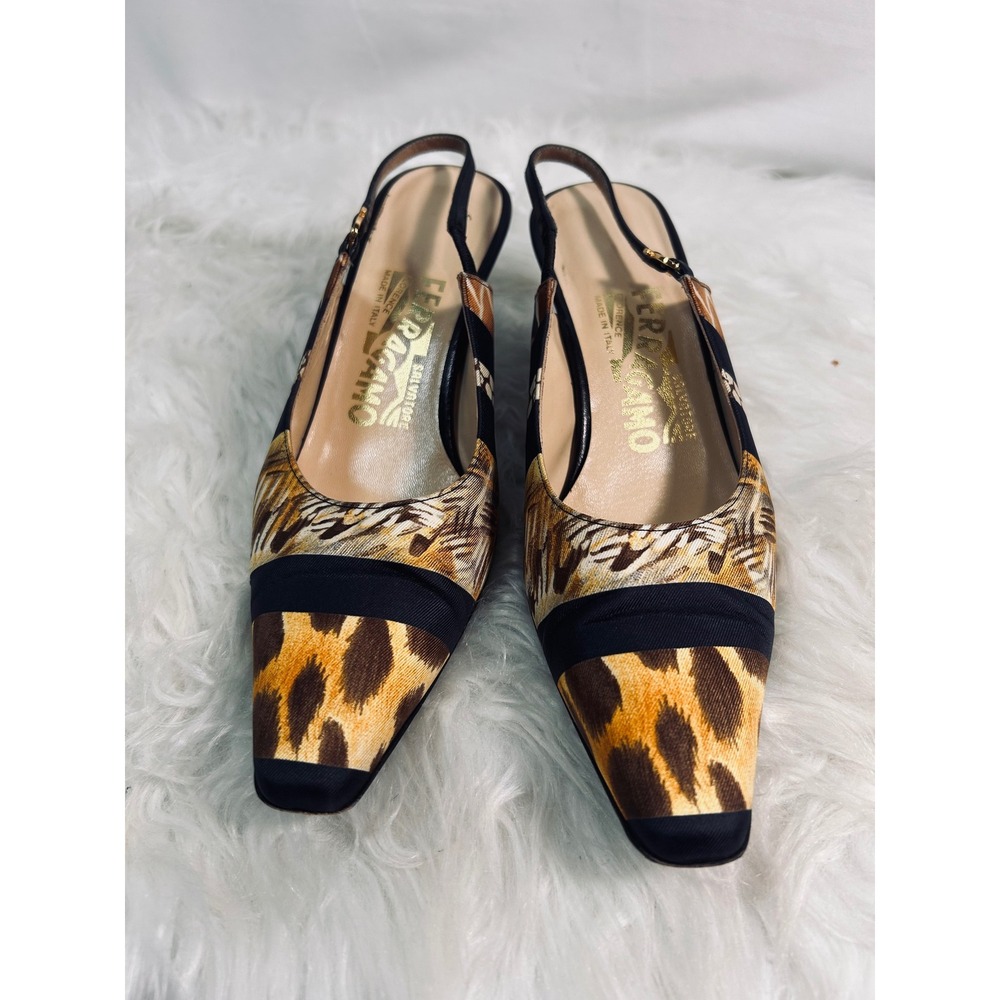 Salvatore Ferragamo Animal Print Silk Slingbacks Leopard‎ Zebra Kitten Heel 6B